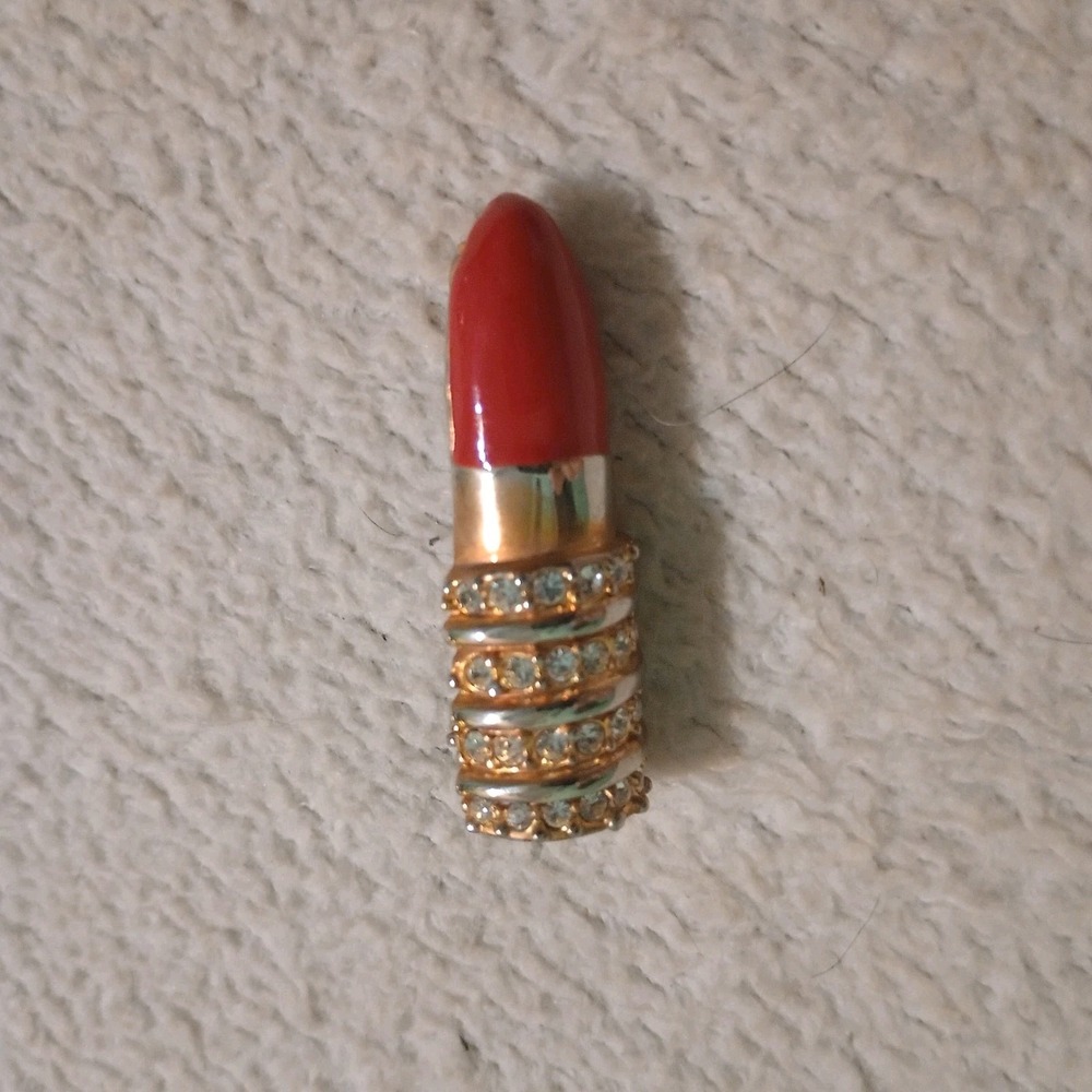 Vintage Red Lipstick Shape Brooch, Gold Tone Rhinestone Enamel Lapel Pin